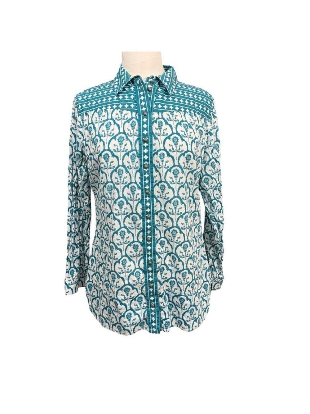 Soft Surroundings Teal‎ White Patterned Button Down Shirt M